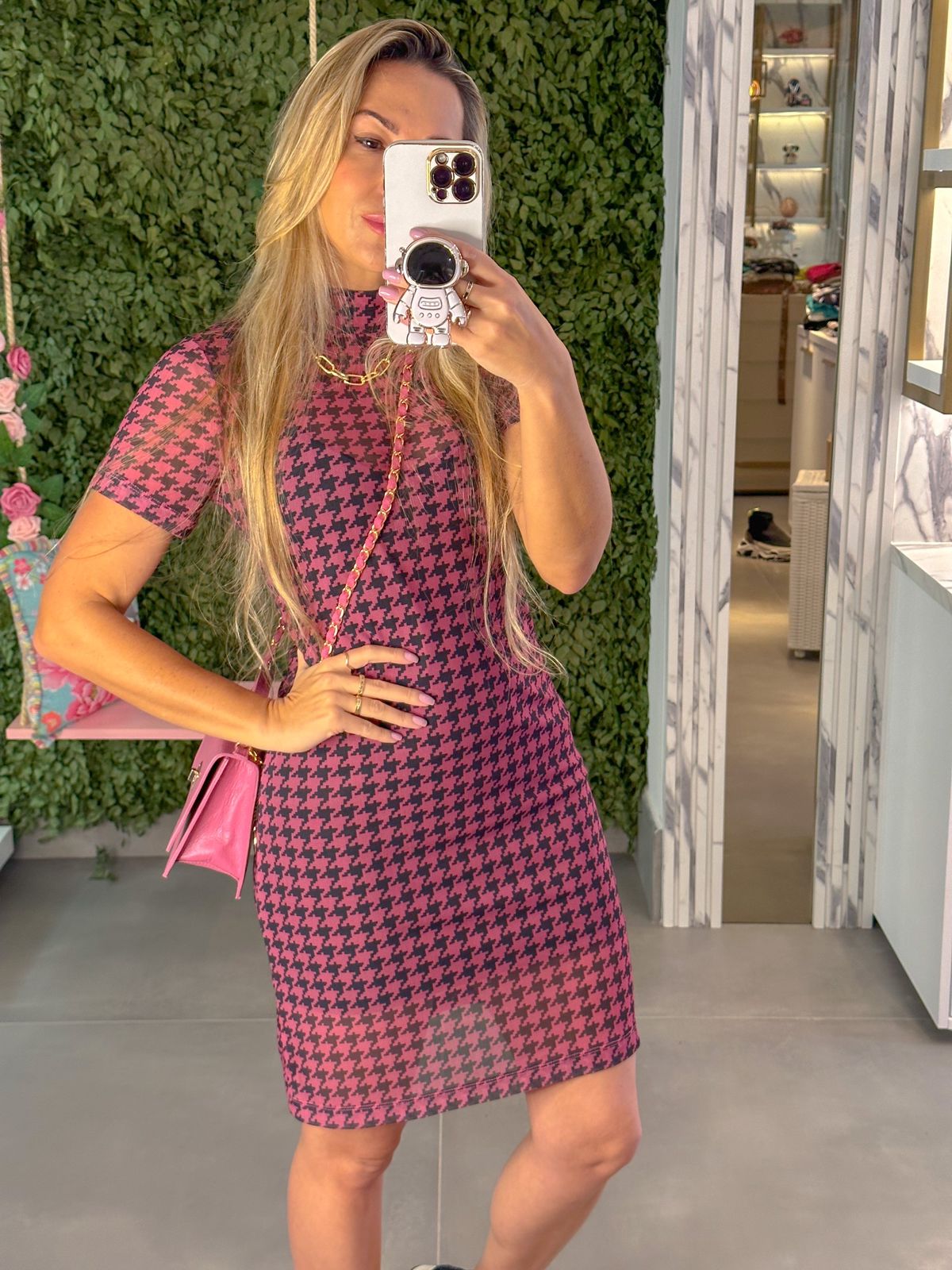 Vestido estampa Pied de Poule Fucsia