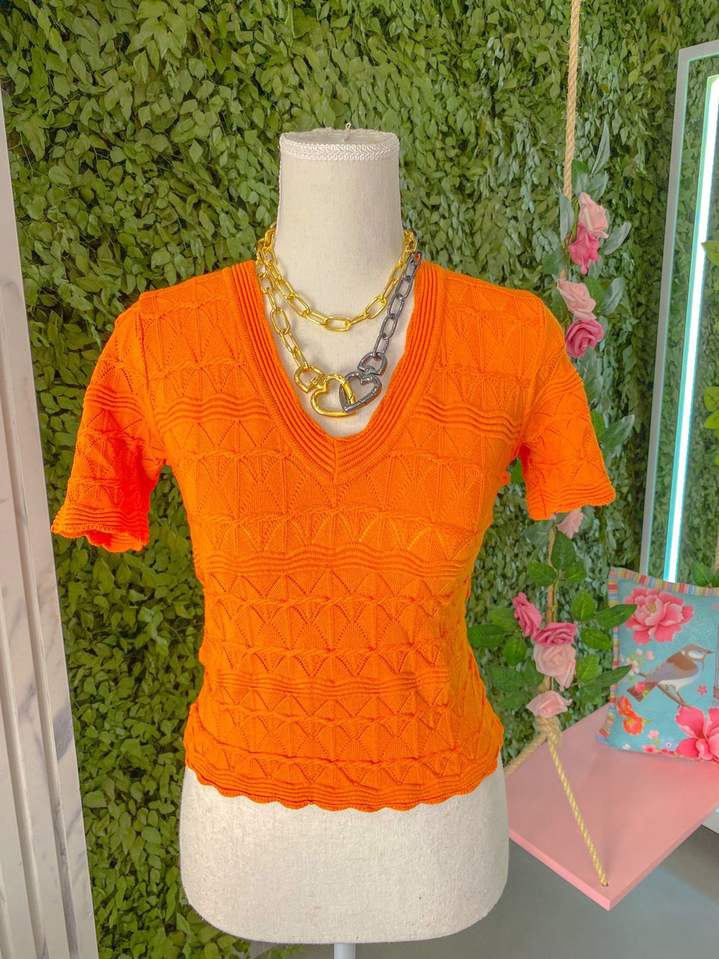 Blusa Coral em Tricot Rendada