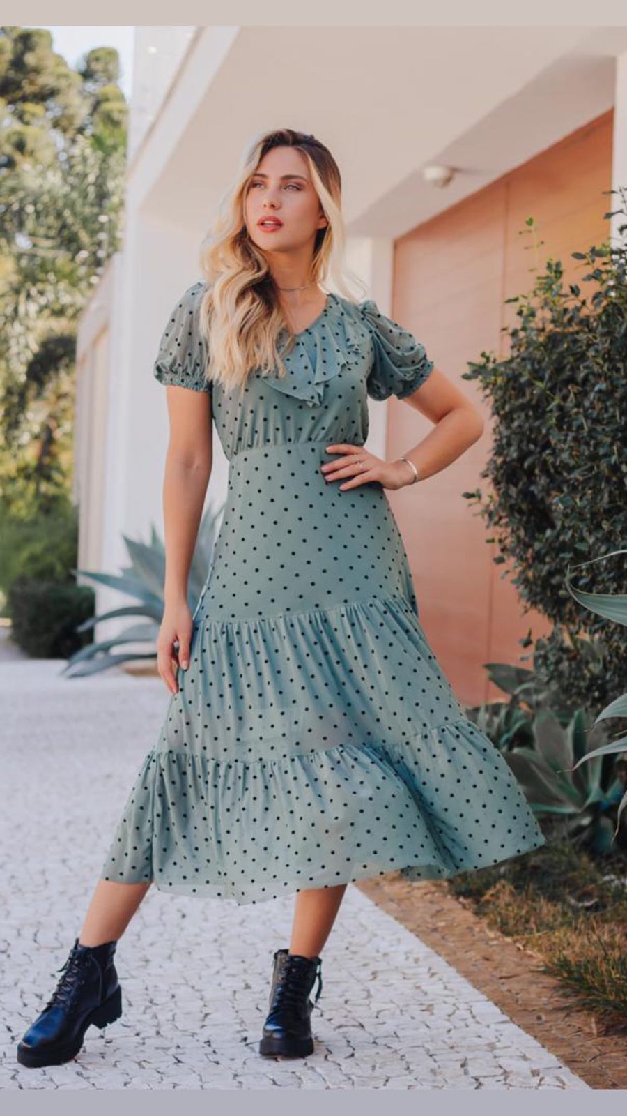 Vestido em tule com Poa Verde Petroleo