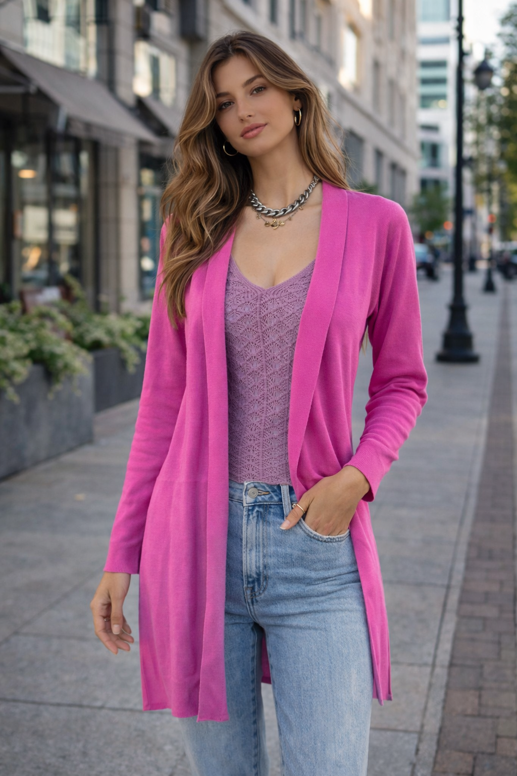 Cardigan em Tricot Liso Pink