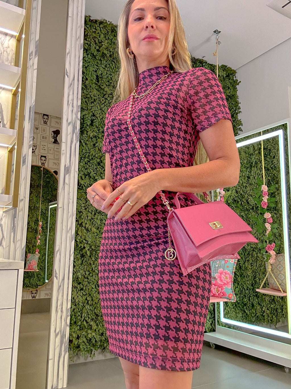 Vestido estampa Pied de Poule Fucsia