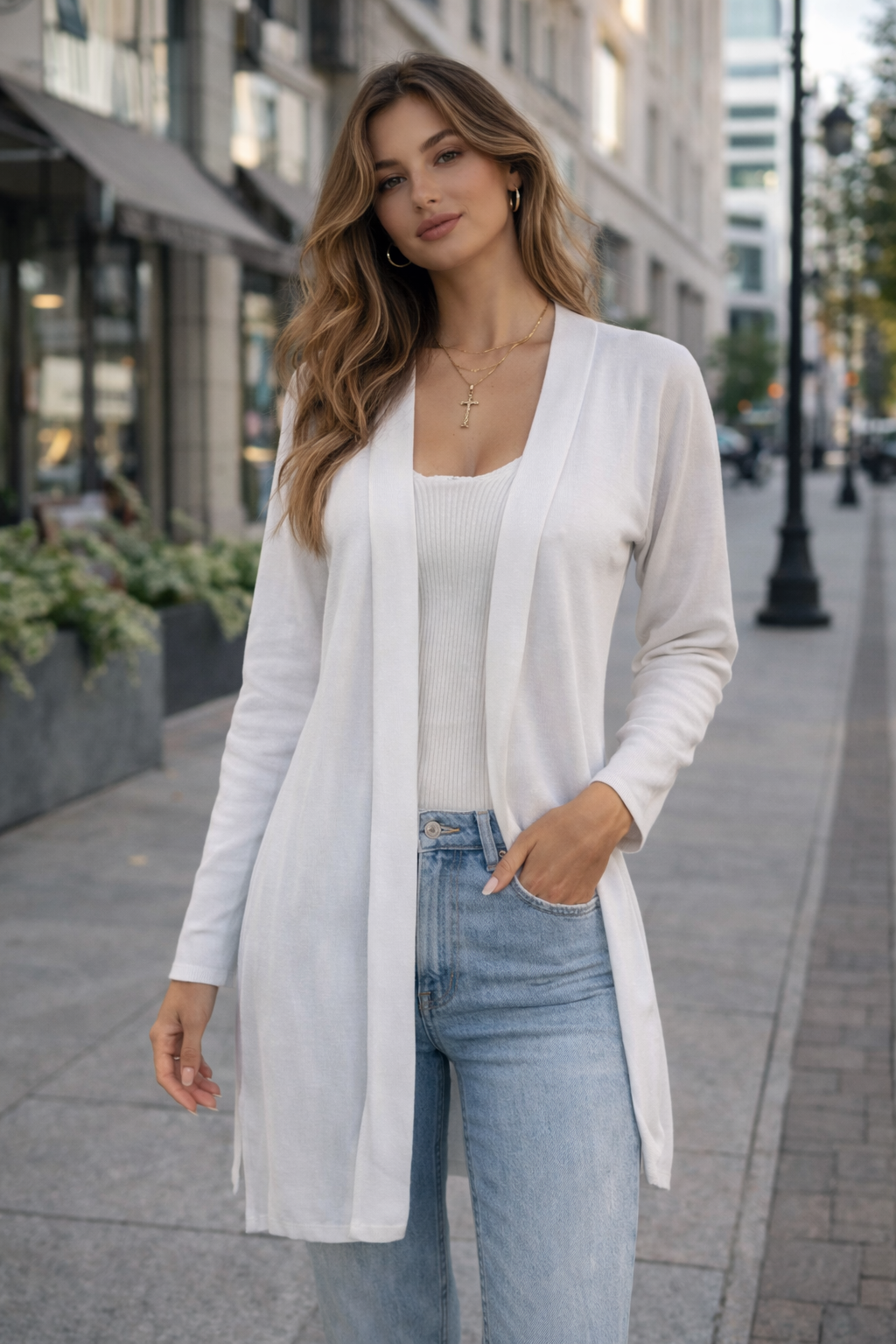 Cardigan em Tricot Liso Offwhite