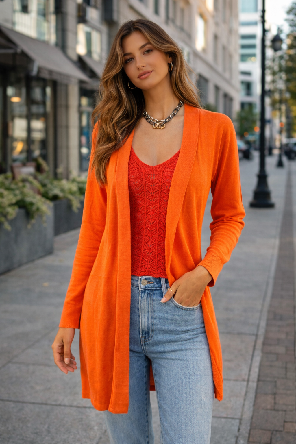 Cardigan em Tricot Liso Laranja vibrante