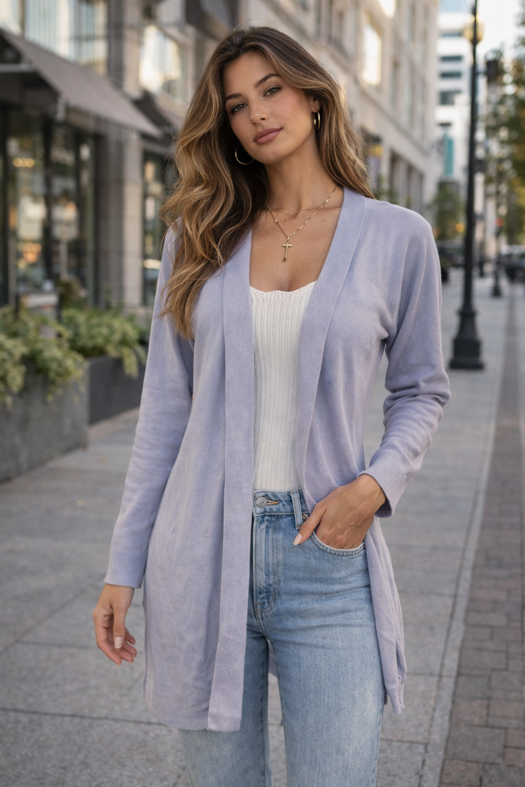 Cardigan em Tricot Liso Lavanda