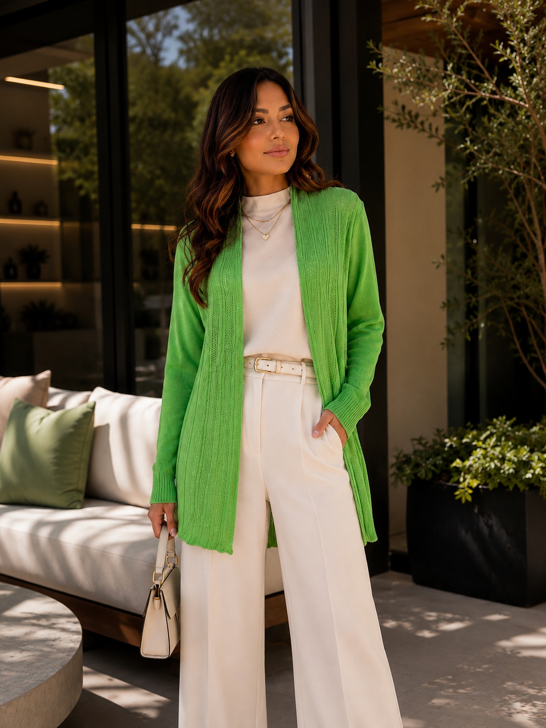 Cardigan Alongado em Tricot Verde Neon