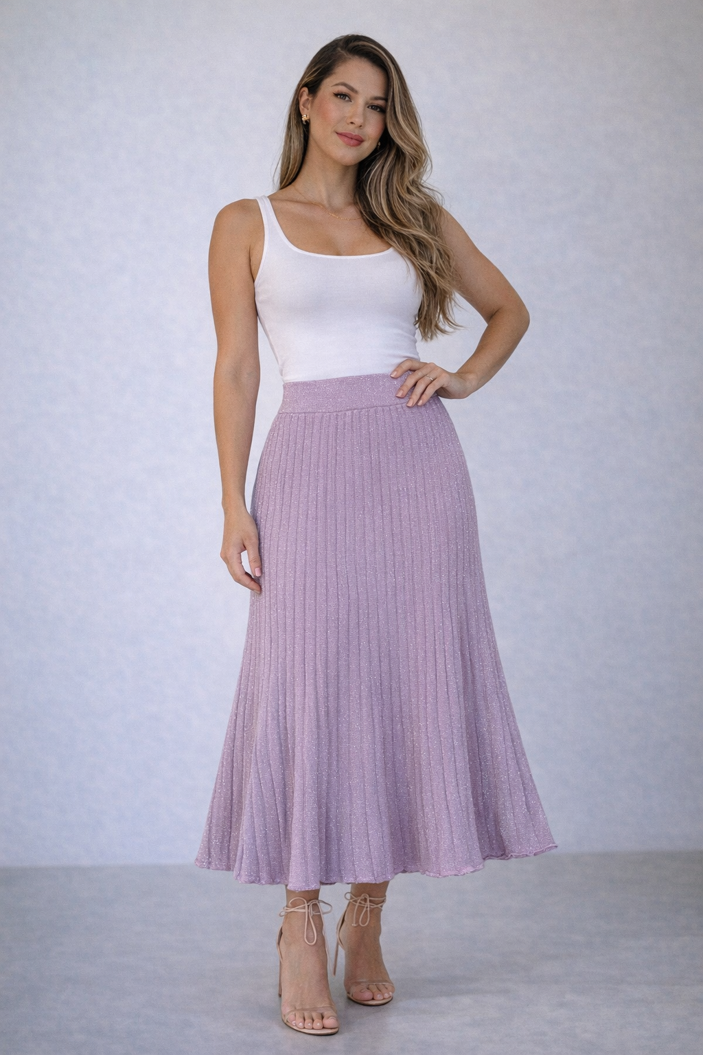 Saia Plissada em Lurex Lilas