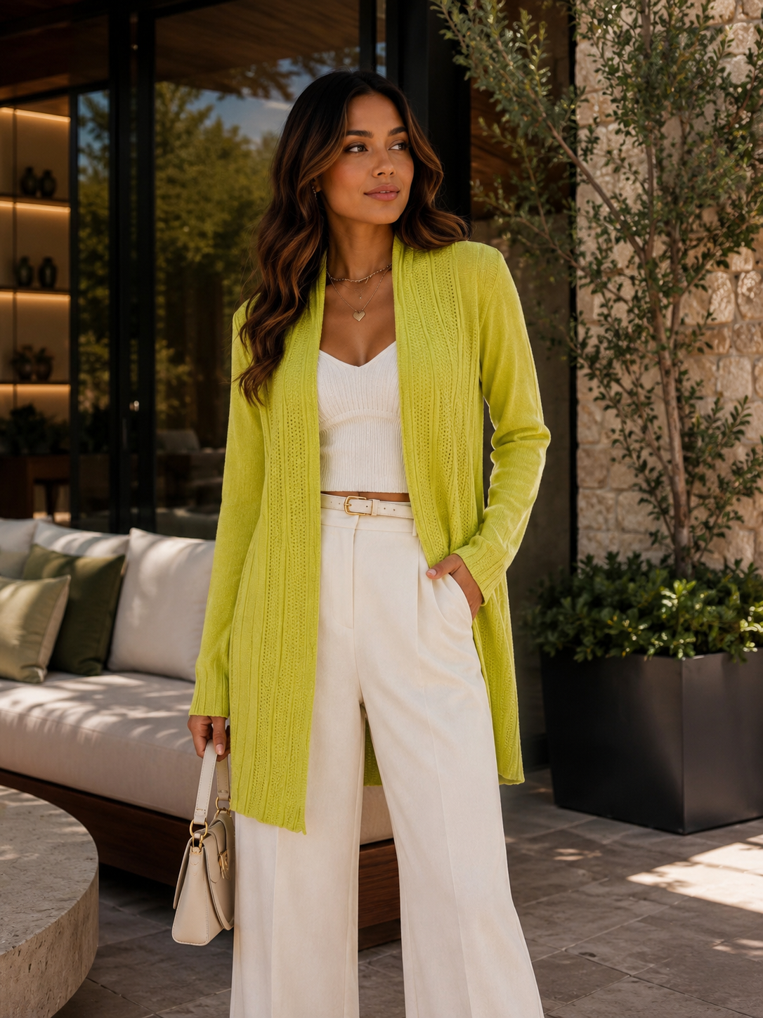 Cardigan Alongado Tricot Amarelo Neon