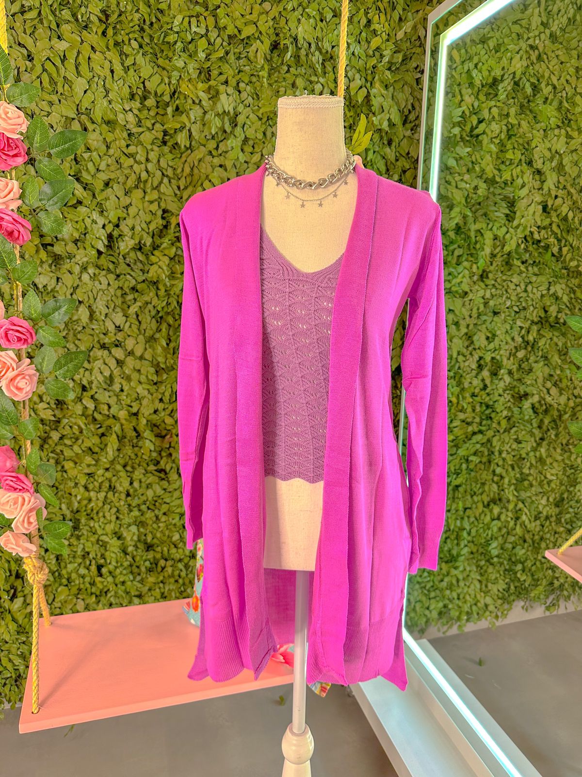 Cardigan em Tricot Liso Pink