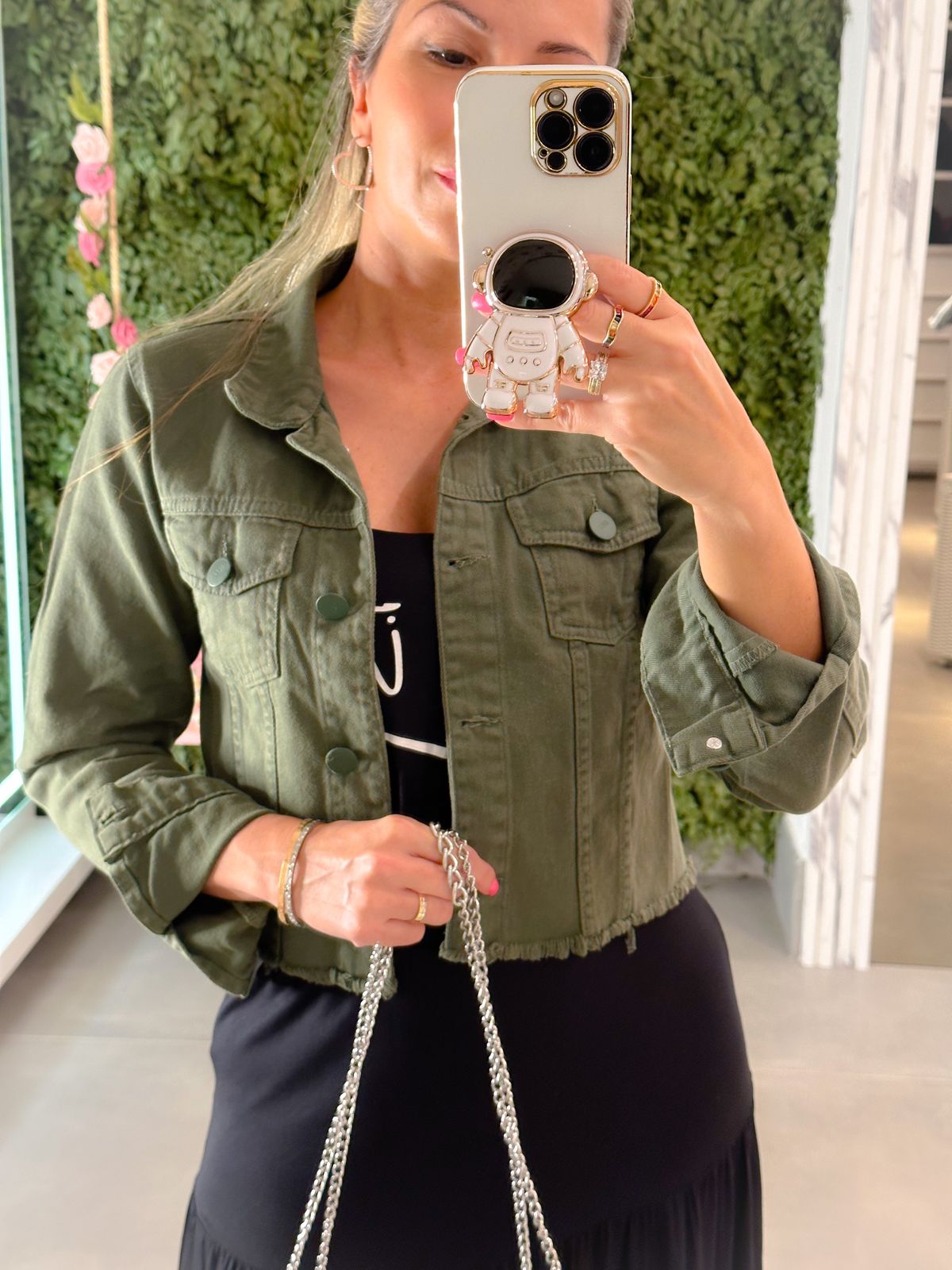 Jaqueta Feminina Sarja Jeans Cropped Verde Militar