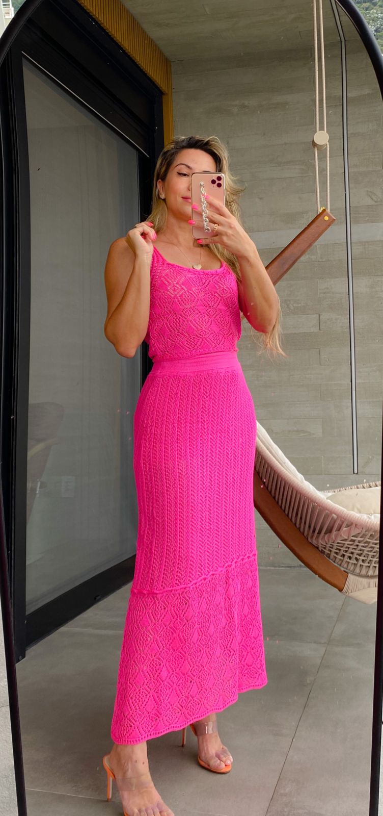 Conjunto saia croche Daiane Pink
