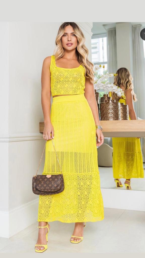 Conjunto saia croche Daiane Amarelo Neon