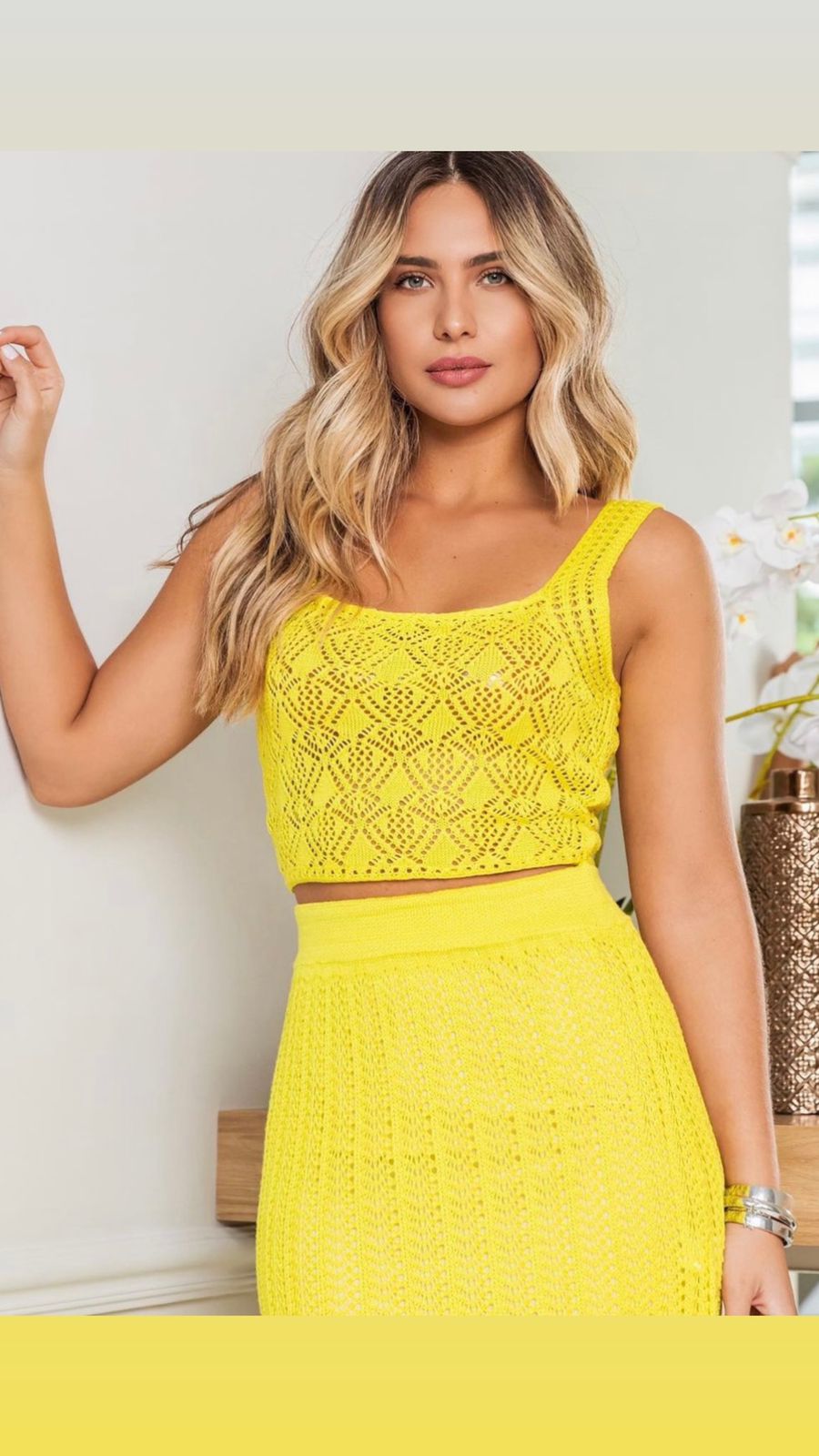 Conjunto saia croche Daiane Amarelo Neon
