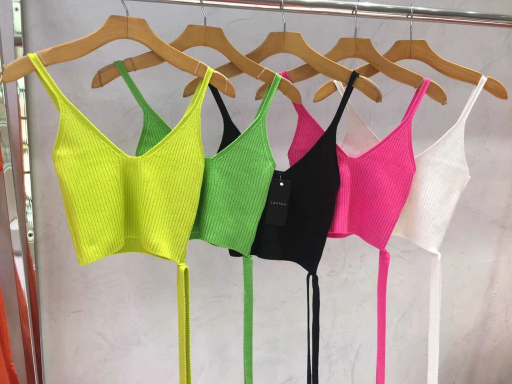 Cropped em tricot com amarração Tati neon