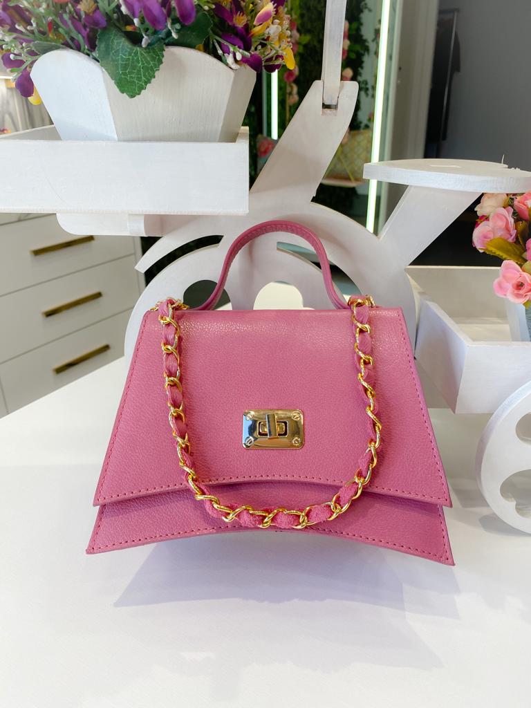 Bolsa em Couro Rosa Chiclete