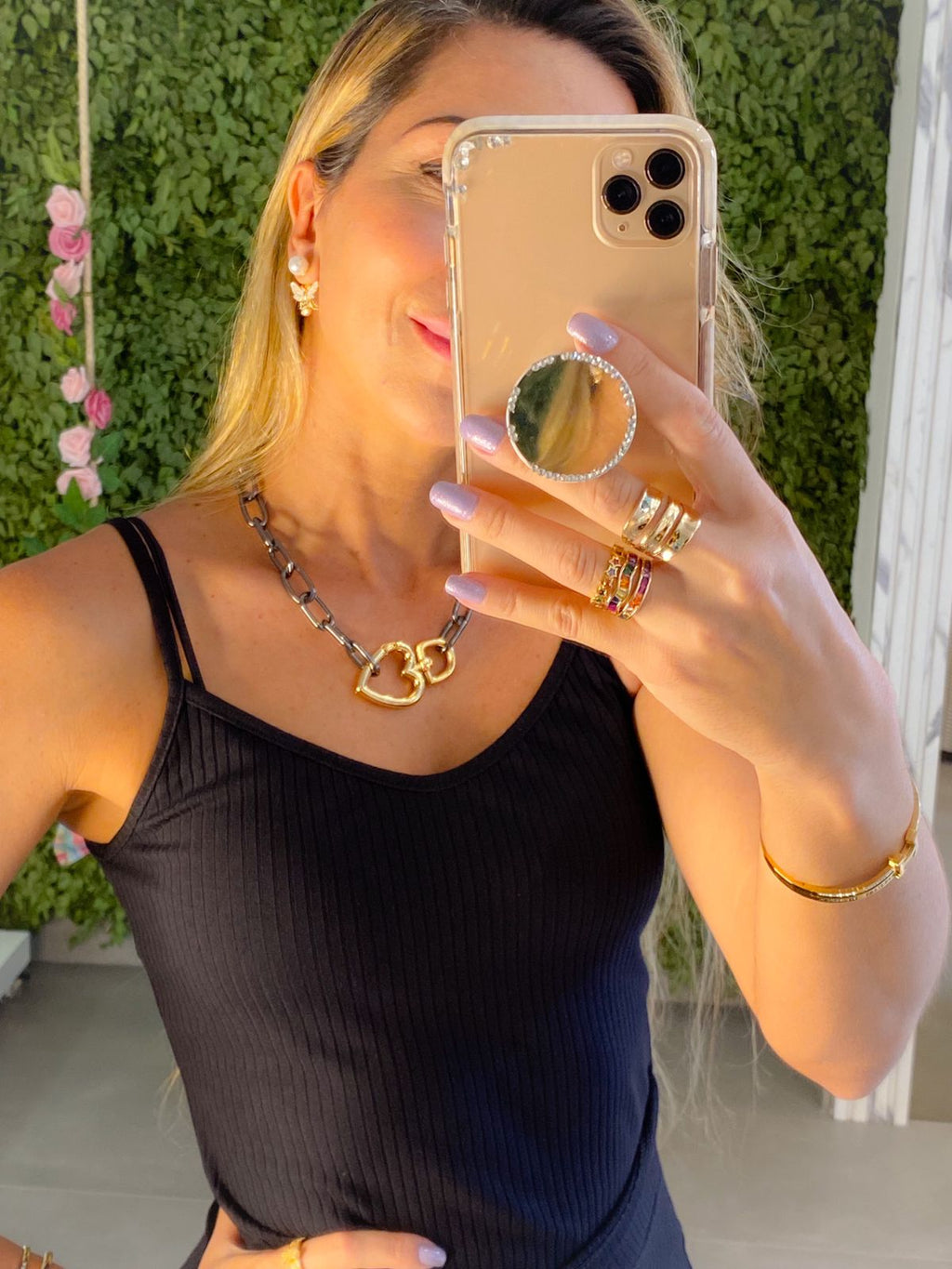 Colar choker semi joia coração ouro e rodio negro