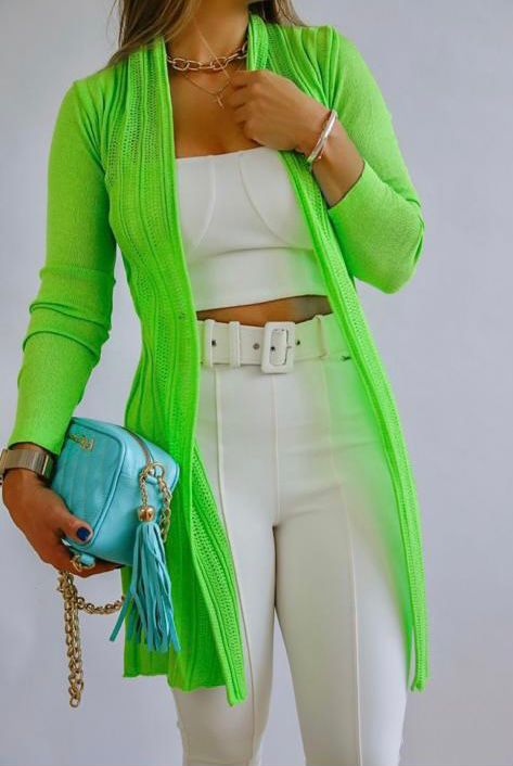 Cardigan Alongado em Tricot Verde Neon